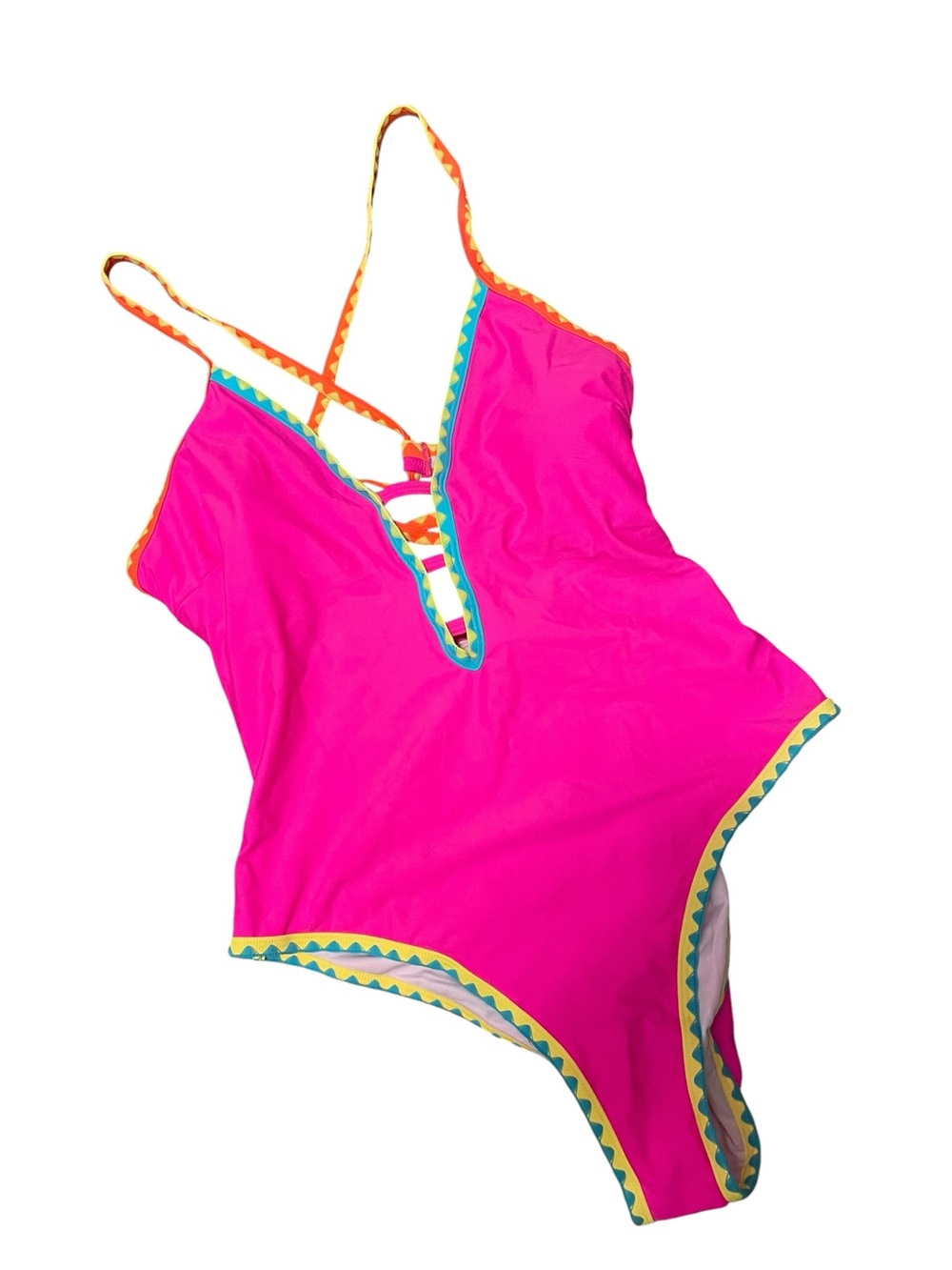 Popvil Hot Pink Zigzag Trim Deep V-Neck Lace Up One Piece Swimsuit XXL NEW